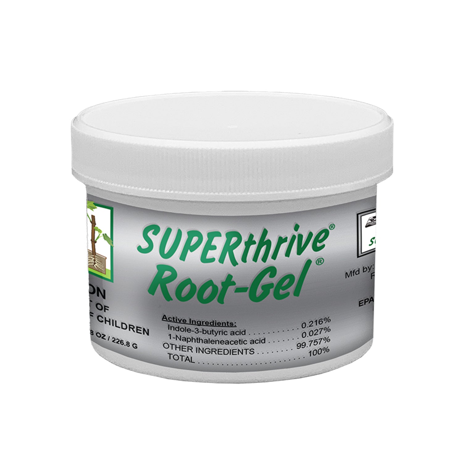 A container of SUPERthrive Root-Gel, which is a water-soluble gel used for propagating plant cuttings and promoting root development.
